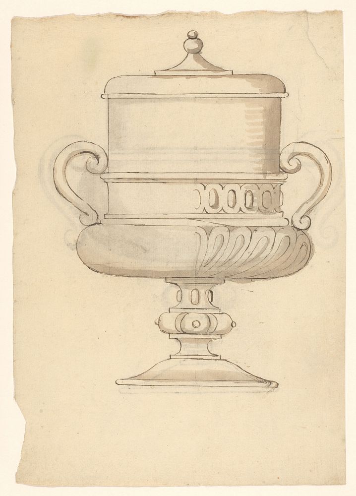 Blad met aan beide zijden een afbeelding van een bokaal met een deksel, vermoedelijk van glas (c. 1600) by anonymous