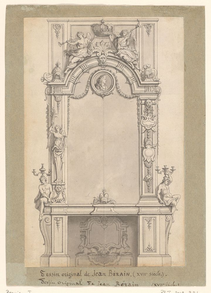 Ontwerp voor een schoorsteen met een spiegel en twee zittende figuren met kandelabers (c. 1700 - c. 1705) by Jean Berain le…