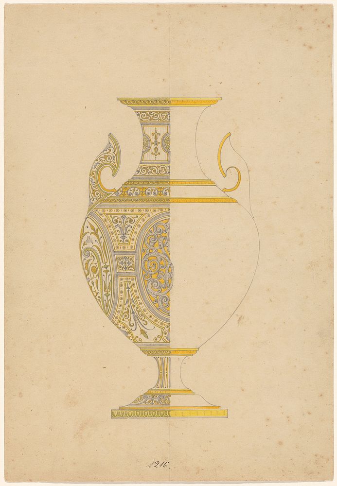 Gedamascineerd ijzeren vaas, waarvan alleen de linkerzijde geheel is ingevuld (c. 1870 - c. 1880) by Plácido Zuloaga