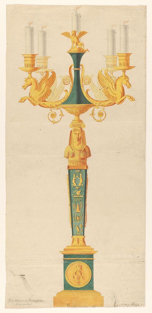Een kandelaber van verguld en gepatineerd brons, met Egyptische motieven en paardenhoofden (c. 1810 - c. 1815) by Julius…