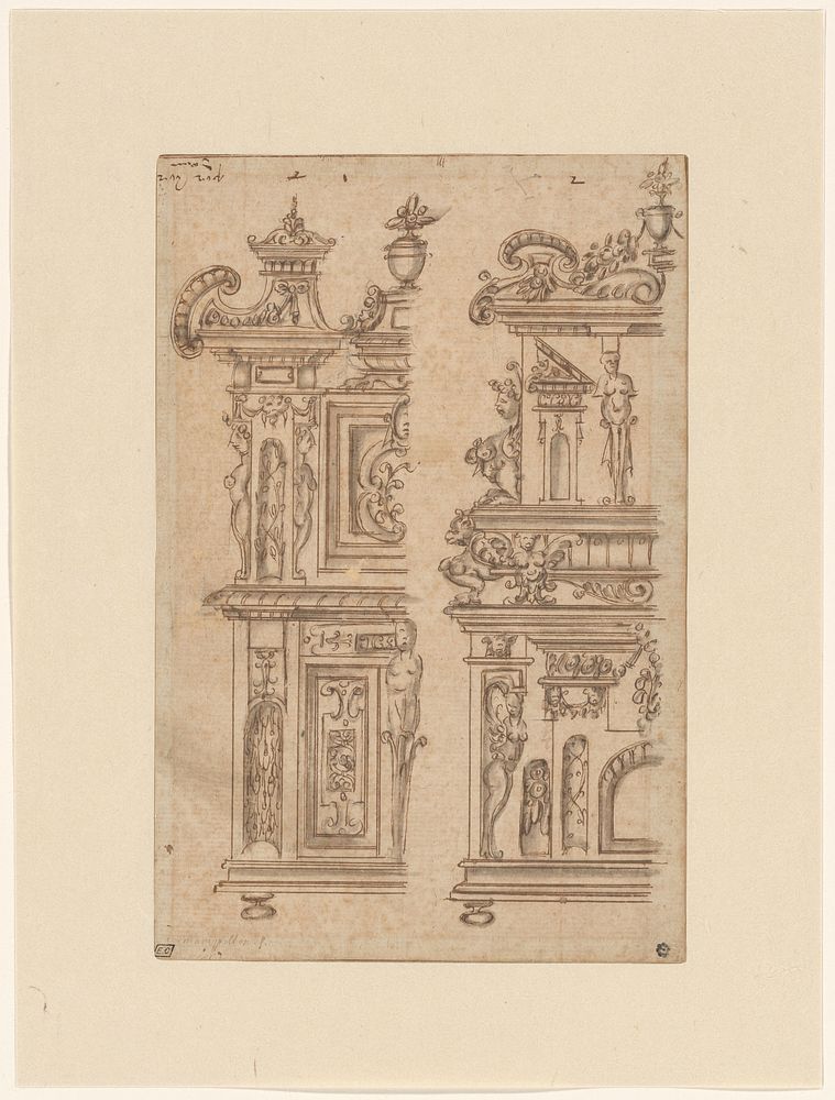 Ontwerp voor twee gebeeldhouwde kabinetten (van beide de linkerhelft) (c. 1575 - c. 1600) by anonymous