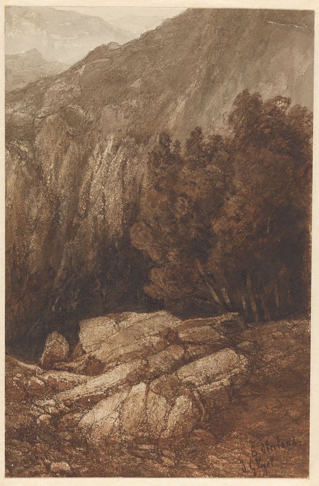 Berglandschap met rotsen en bomen te Berner Oberland (1838 - 1915) by Johannes Gijsbert Vogel