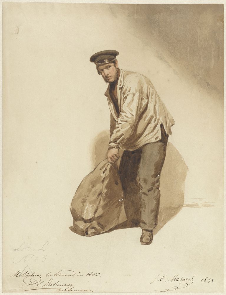 Studie van een man die een zak sjouwt (1851) by Johannes Engel Masurel