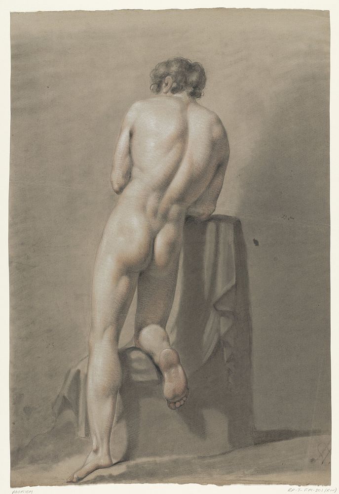 Mannelijk naakt knielend op een blok, van achteren gezien (1824) by anonymous