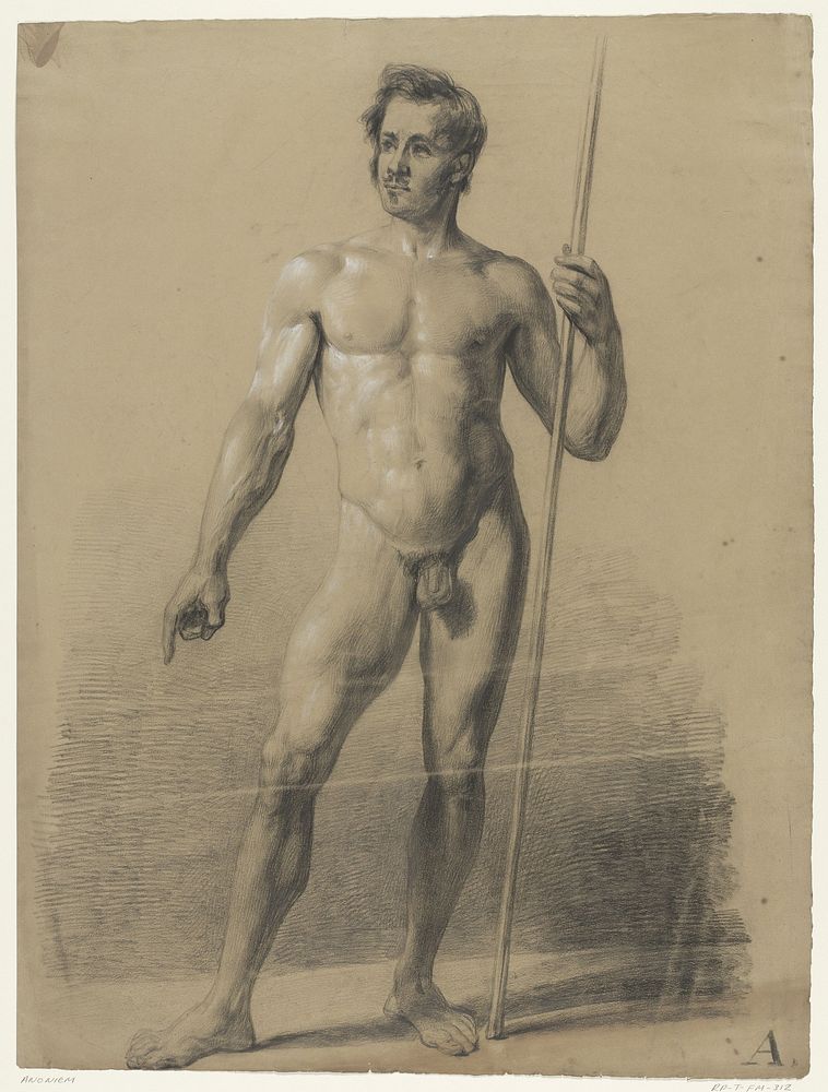 Staand mannelijk naakt met stok, van voren (1842) by anonymous