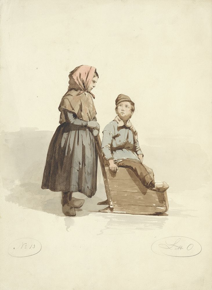 Meisje duwt een jongen in een slee (1836 - 1915) by Johannes Engel Masurel