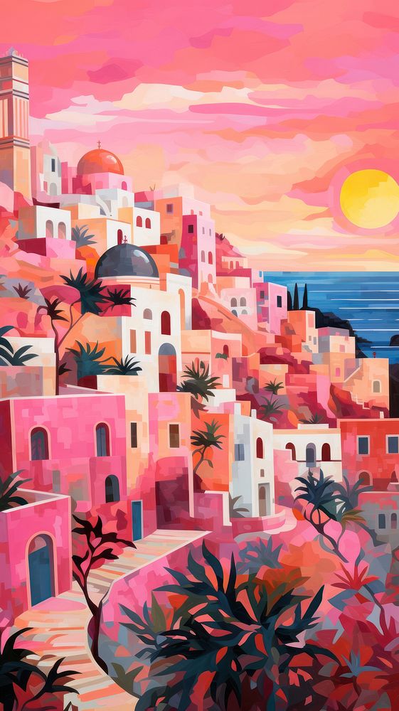  City painting pink sea. AI generated Image by rawpixel.