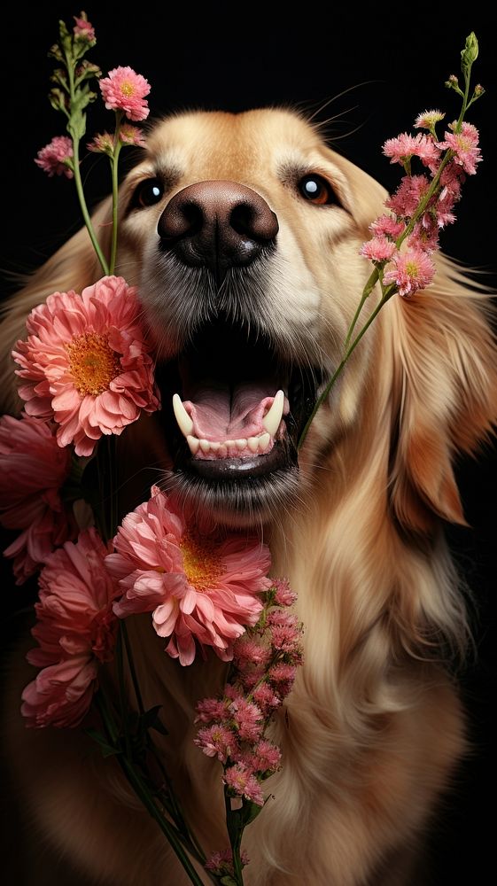  Golden retriever flower photography portrait. AI generated Image by rawpixel.