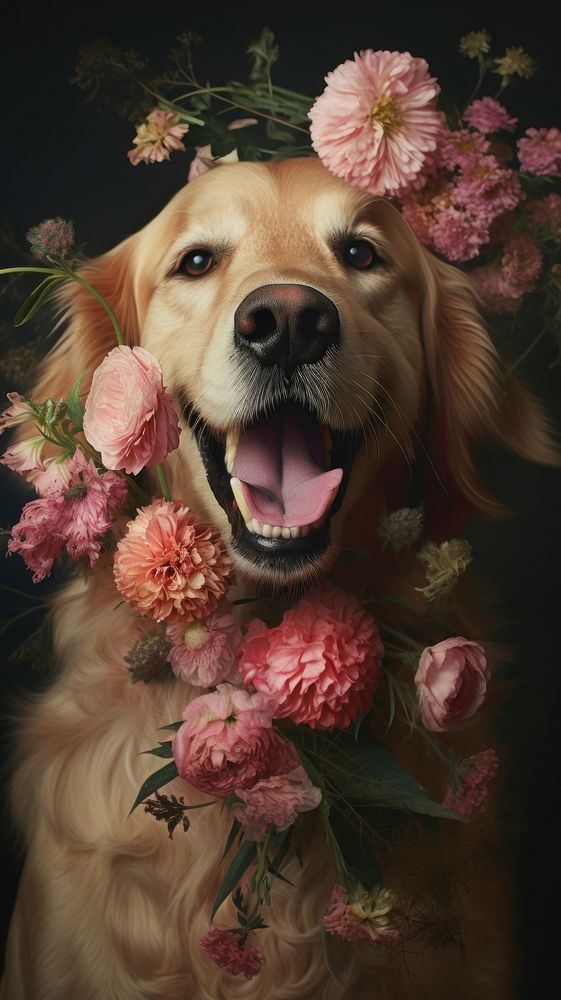  Golden retriever flower animal mammal. AI generated Image by rawpixel.