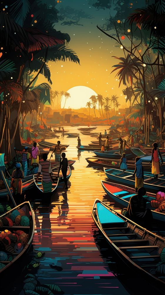  Boats in a tropical market outdoors vehicle nature. AI generated Image by rawpixel.