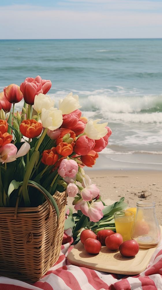  Beach picnic outdoors flower nature. AI generated Image by rawpixel.