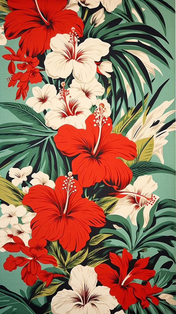 Hawaiian floral art hibiscus pattern. AI generated Image by rawpixel.