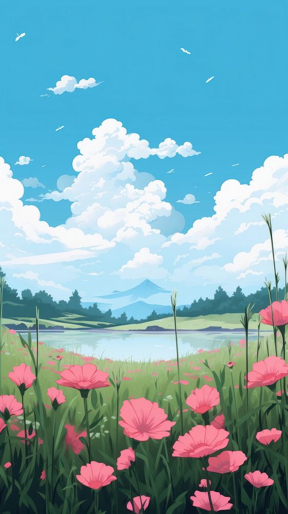  Flower landscape grassland outdoors. AI generated Image by rawpixel.