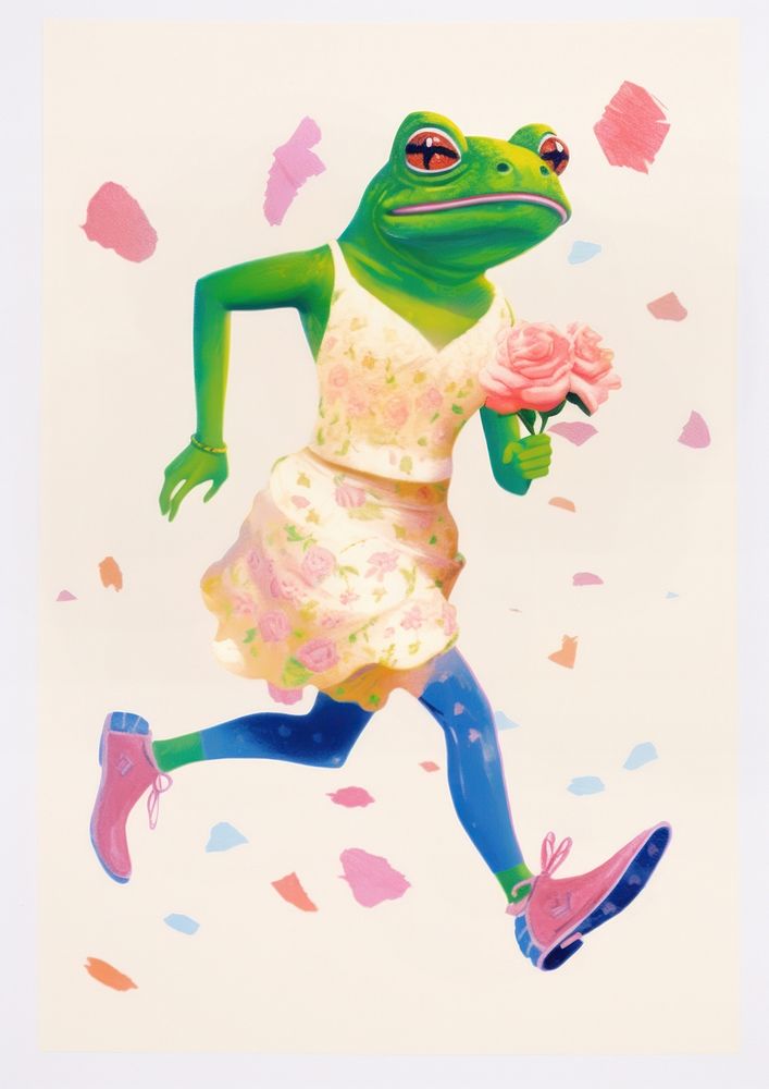 A cartoon Frog wearing a wedding dress and holding a popcorn frog amphibian painting. AI generated Image by rawpixel.