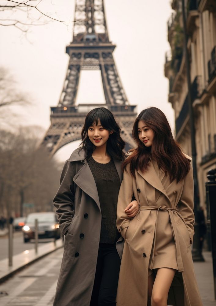 Two korean girls architecture overcoat portrait.