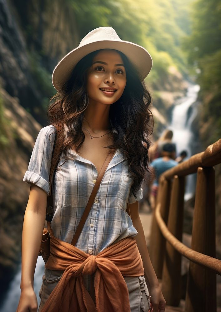  Waterfall portrait travel smile. AI generated Image by rawpixel.