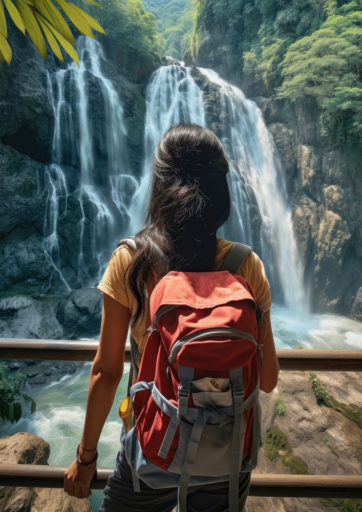  Waterfall backpack outdoors nature. AI generated Image by rawpixel.