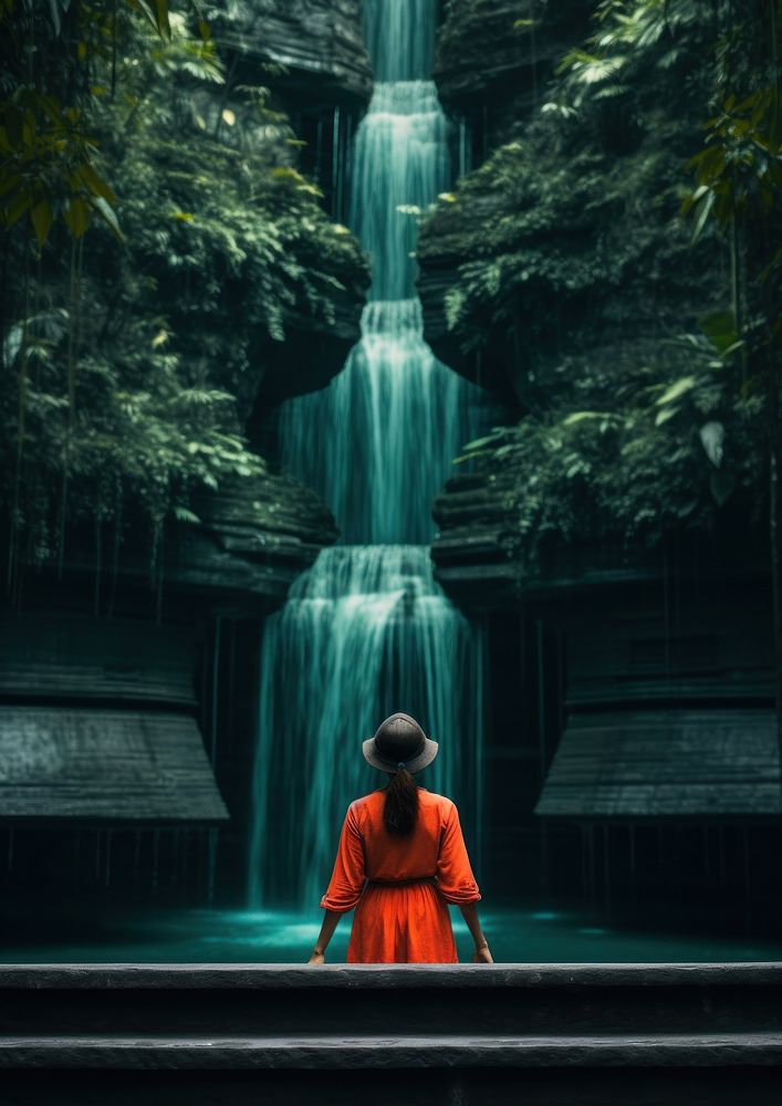 Chinese woman waterfall adult meditating.