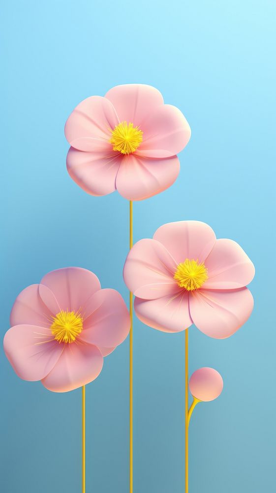  Three pinks and yellow flower petal plant blue. AI generated Image by rawpixel.