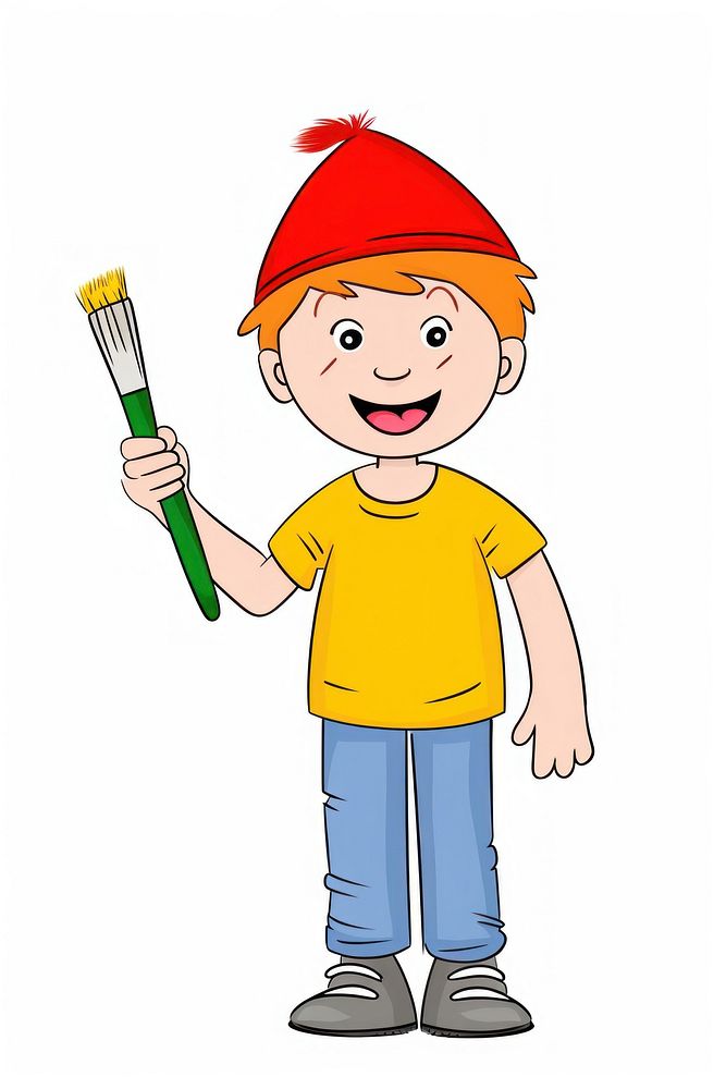 Artist boy holding painbrush drawing cartoon pencil.