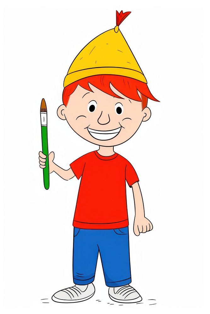 Artist boy holding painbrush drawing cartoon pencil.
