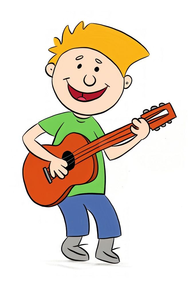Man playing guitar cartoon musician white background.
