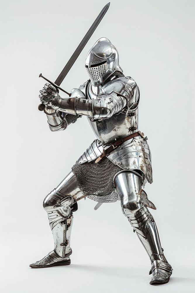 Knight lunging a sword weapon helmet protection.
