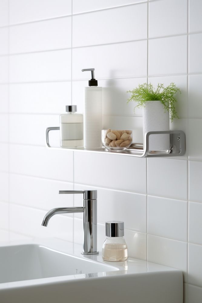 A hand shower and shampoo white bottle put on shelf in bathroom sink architecture apartment.