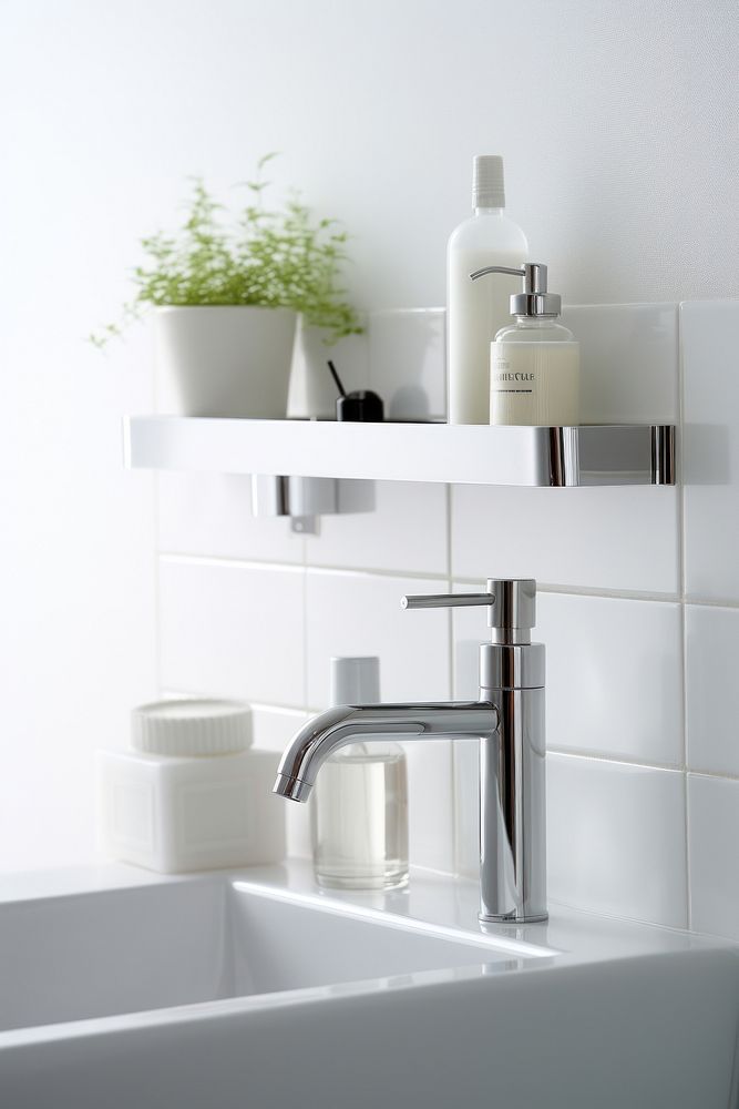 A hand shower and shampoo white bottle put on shelf in bathroom sink tap architecture.
