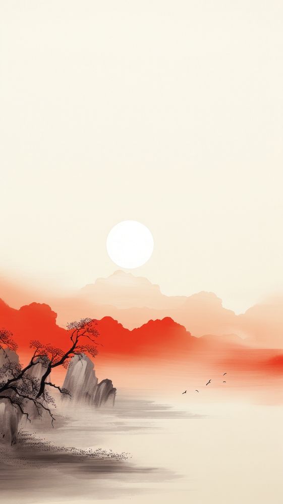 Mountain range with the red sun landscape outdoors painting.