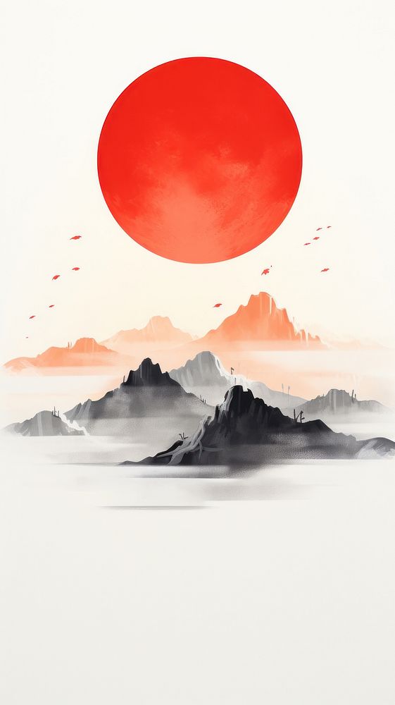 Mountain range with the red sun painting nature sky.