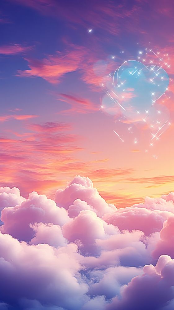  Fantasy evening sky background with heart shaped clouds backgrounds sunlight outdoors. AI generated Image by rawpixel.