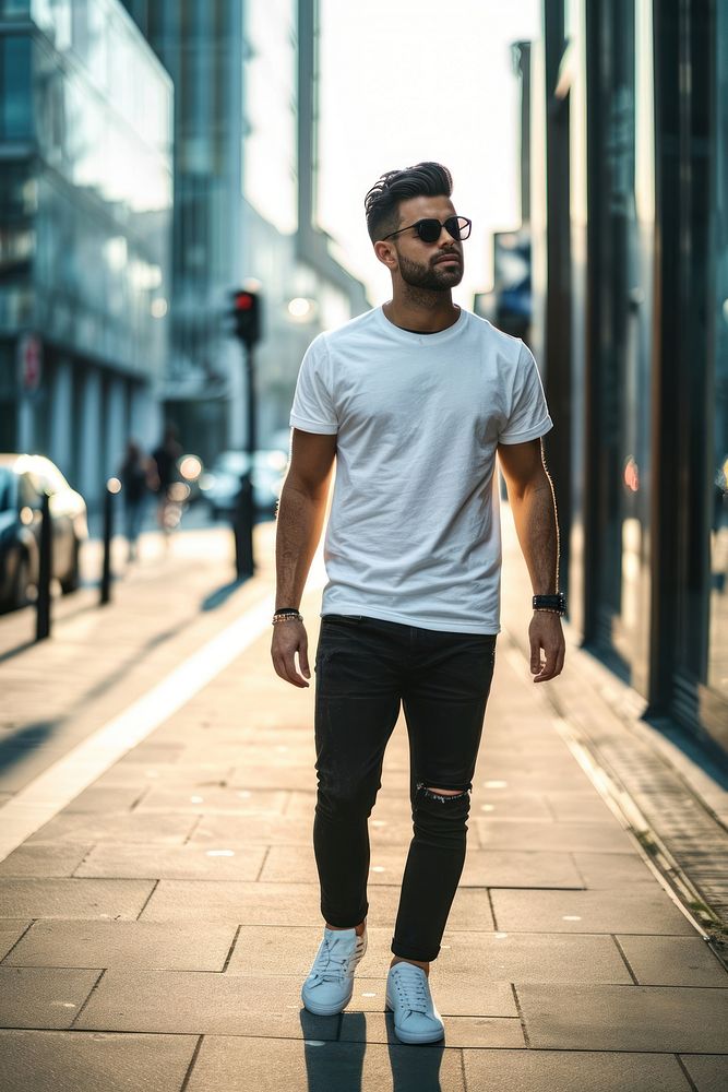 White t shirt standing fashion jeans. AI generated Image by rawpixel.