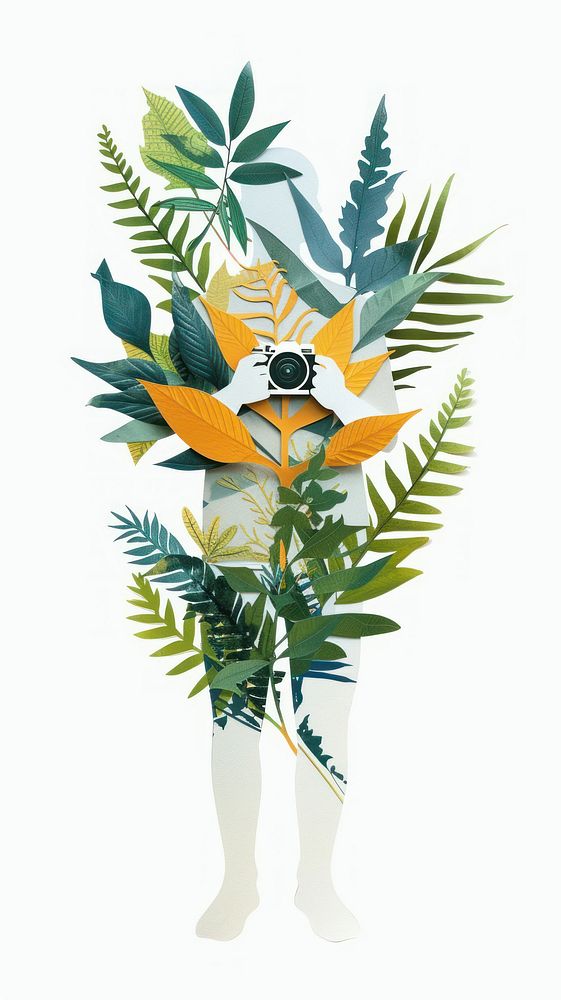 Paper collage with a person camera plant leaf.