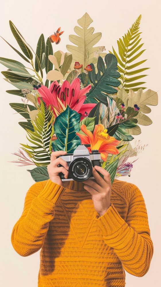 Paper collage with a person camera holding flower.