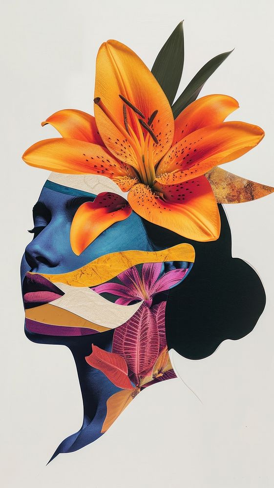 Cut paper collage with female flower lily art.