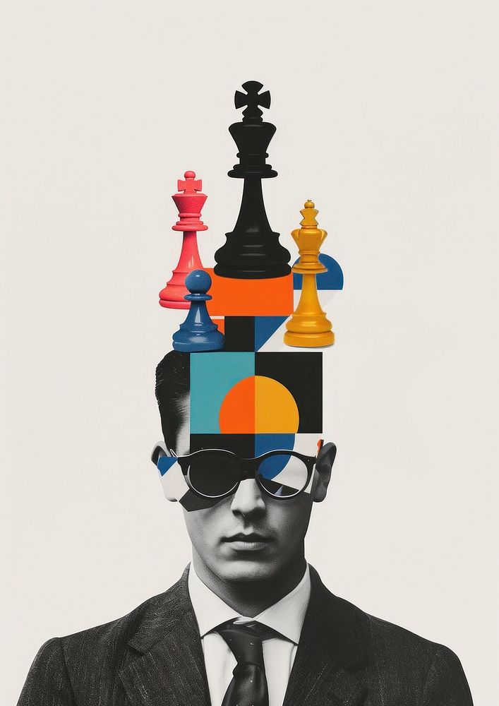 Paper collage with business man chess black art.