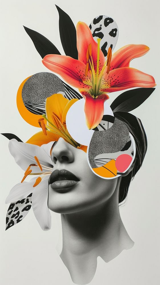 Cut paper collage with female flower art adult.
