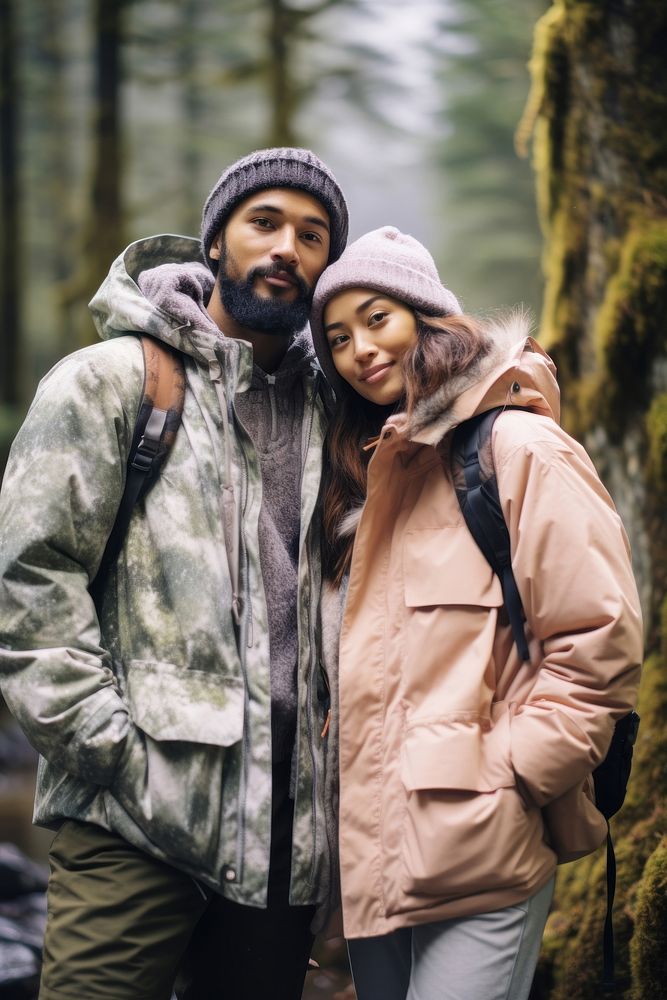 Samoan couple hiking jacket portrait outdoors.