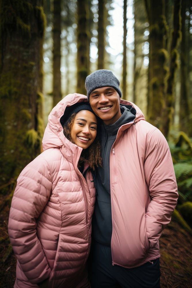 Samoan couple hiking outdoors jacket forest.