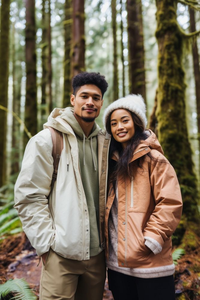 Samoan couple hiking outdoors forest jacket.