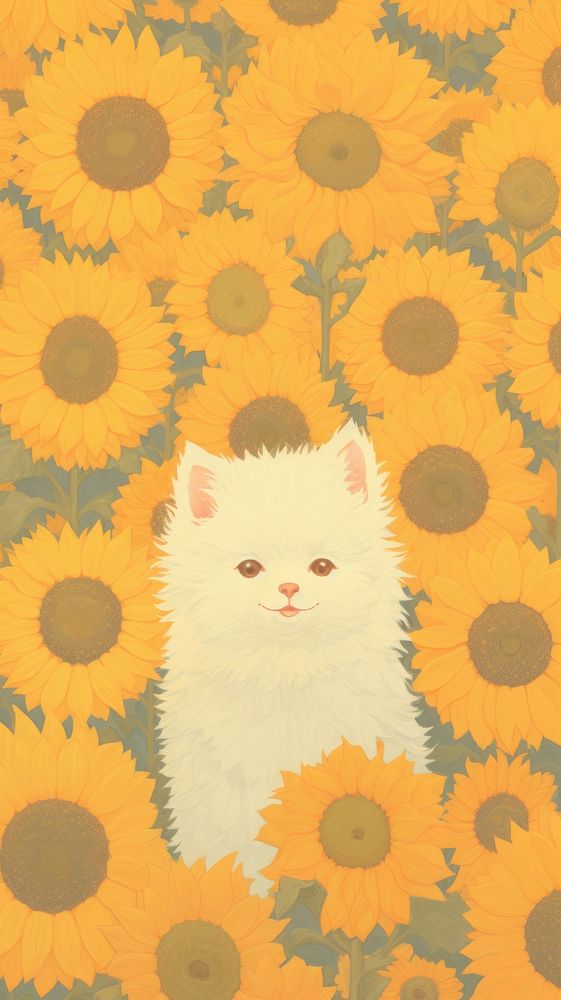  Cute fluffy cat sunflower wallpaper mammal. AI generated Image by rawpixel.