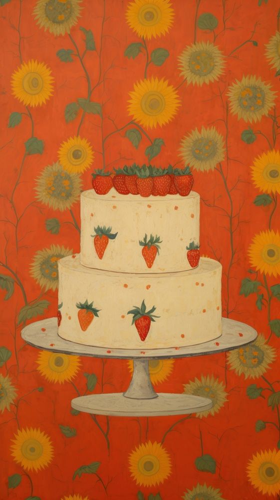  Strawberry cake wallpaper painting dessert. AI generated Image by rawpixel.