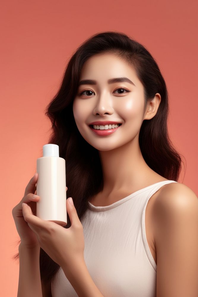 Holding squeeze bottle plastic tube container of cream portrait photo skin.