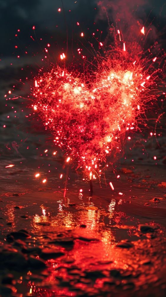  Heart shape fireworks illuminated celebration reflection. AI generated Image by rawpixel.
