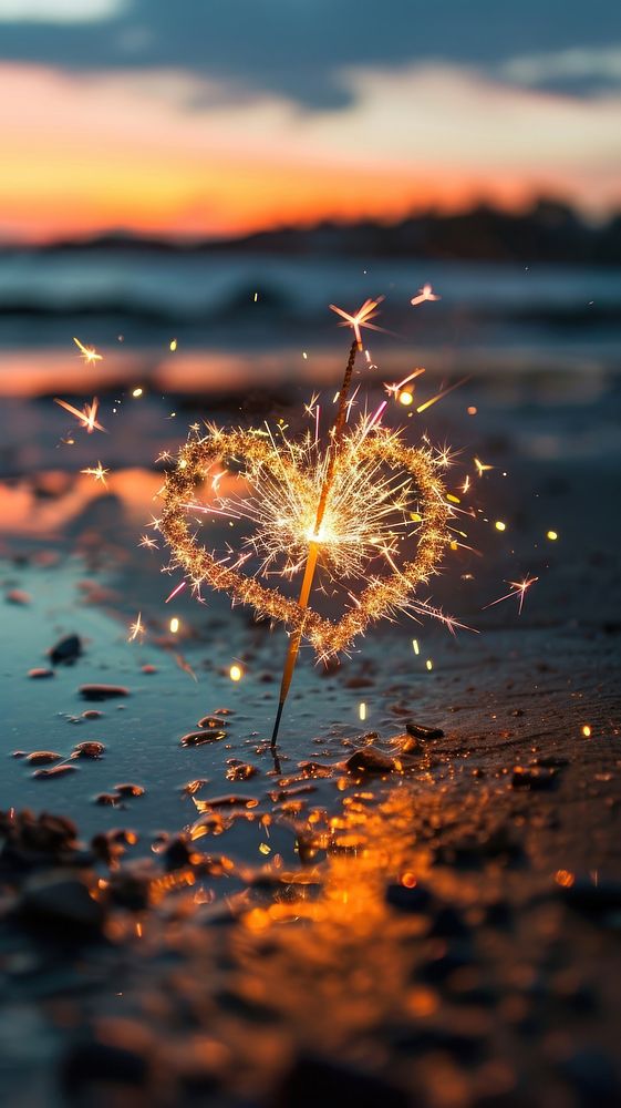  Heart shape sparkler fireworks outdoors scenery. AI generated Image by rawpixel.