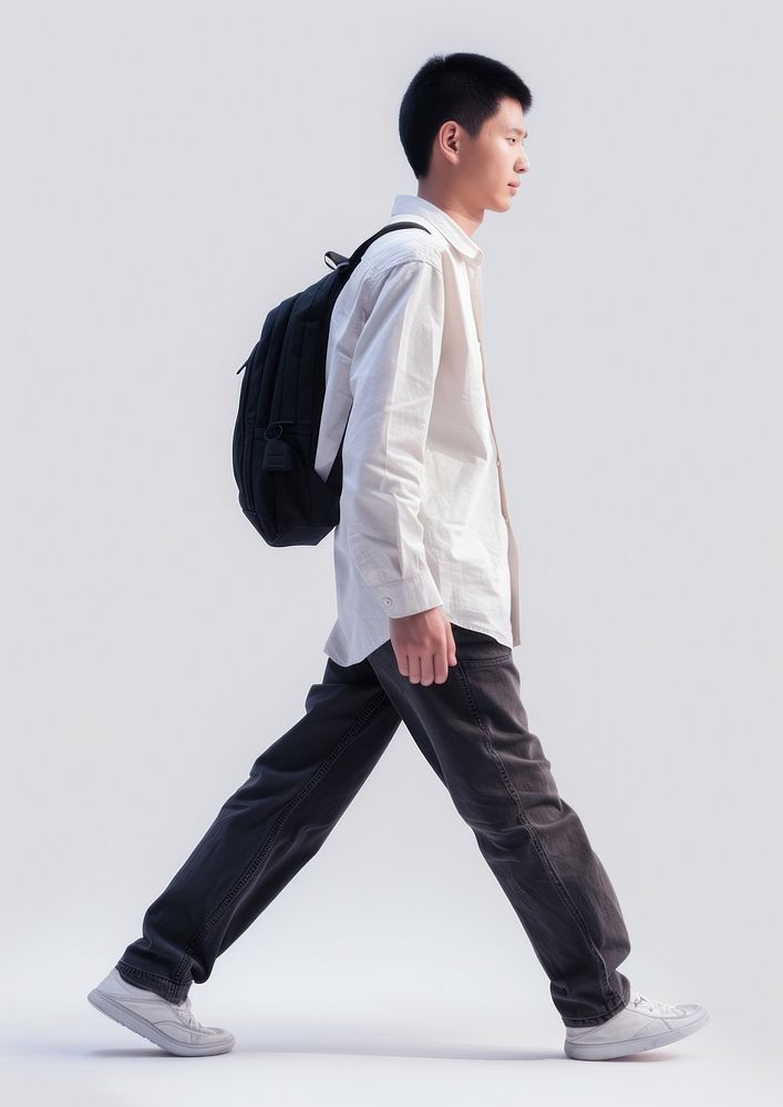 Chinese people walking footwear backpack.