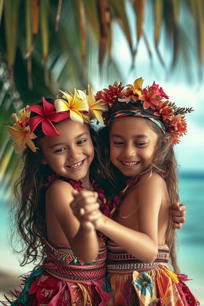 Happy Samoan girls flower portrait plant.