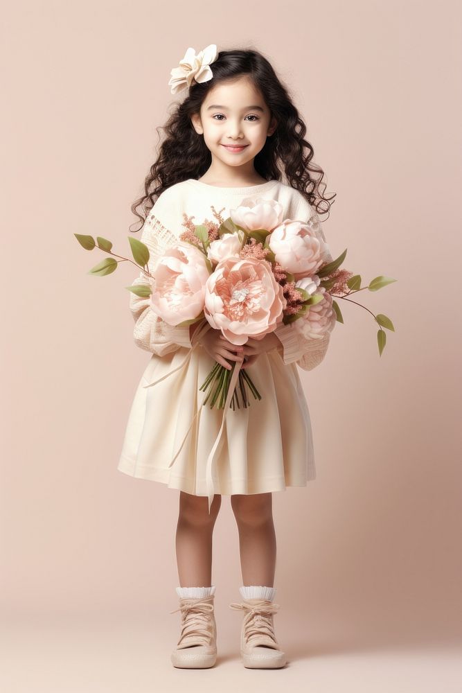 Hongkonger little girl holding a flower bouquet portrait dress child.
