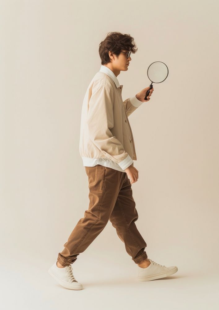 Person holding magnifying glass sports racket person.